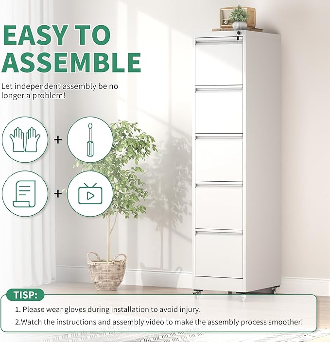 5 Drawer Mobile File Cabinet, Under Desk File Cabinet, Metal Filing Cabinets - Image 3