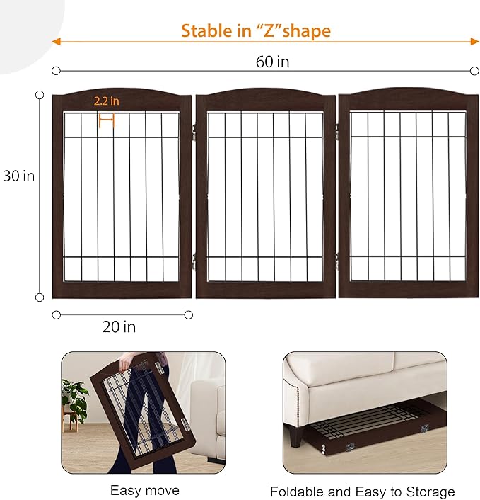 LZRS 3-Panel Freestanding Adjustable Wooden Dog Gate—30" Tall Foldable Pet - Image 5