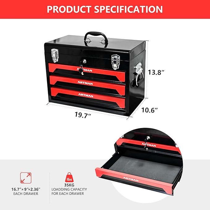 3 Drawers Metal Tool Box - Image 6