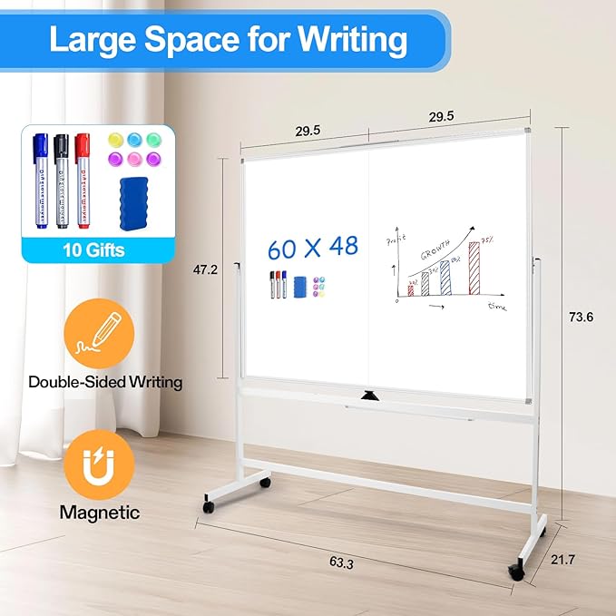 60 x 48 Double Sided Rolling Whiteboard, Large Rolling White Board - Image 2