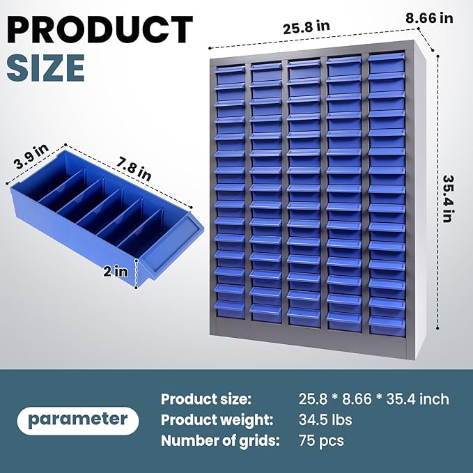 Part Cabinet with 75 Drawers, Shelves & Label Stickers - Image 2