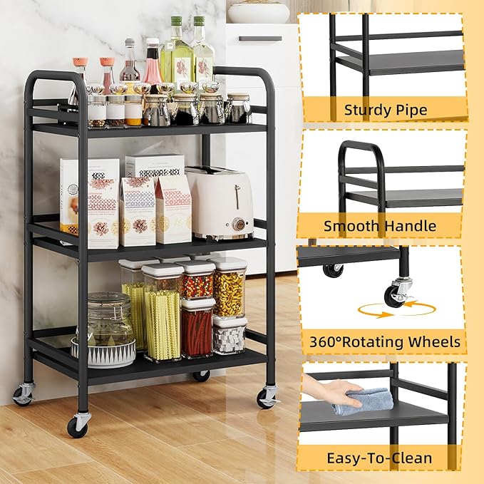 HDANI 3 Tier Rolling Cart Shelves, Heavy Duty Multifunctional Metal - Image 8