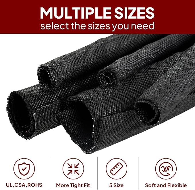 Black Braided Cable Management Sleeves Wire Loom Tubing Cord Protector - Image 6