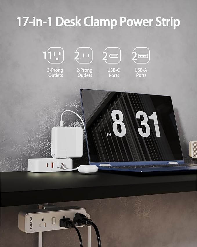 Dual Layer Desk Clamp Power Strip（White）, Desktop Edge Mount Charging Station - Image 2