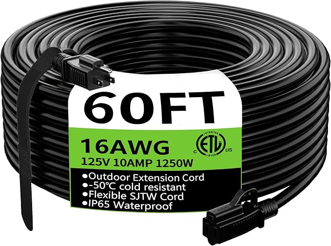 HUANCHAIN Indoor Outdoor Black Extension Cord 60 ft Waterproof, 16/3 Gauge by huanchain