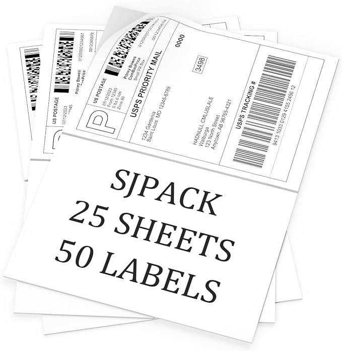 50 Half Sheet Self Adhesive Shipping Labels, 8.5" x 5.5" Address Labels by SJPACK