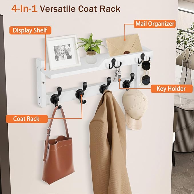Coat Rack Wall Mount with Shelf, Coat Hanger Wall Mount with Key Hooks and Mail - Image 4
