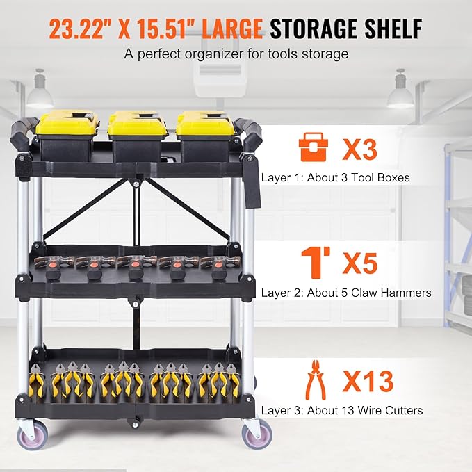 VEVOR Foldable Utility Service Cart, 165LBS 3 Shelf Heavy Duty Plastic Rolling - Image 5