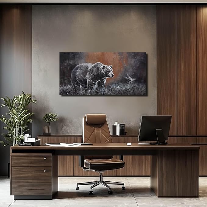 ZHENGYIN Grizzly Bear & Bird Canvas Wall Art, Warm Earth Tone Glow, Rustic - Image 3
