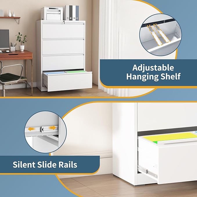 4 Drawer File Cabinet with Lock, Lateral Filing Cabinets, Metal Storage Filing - Image 6