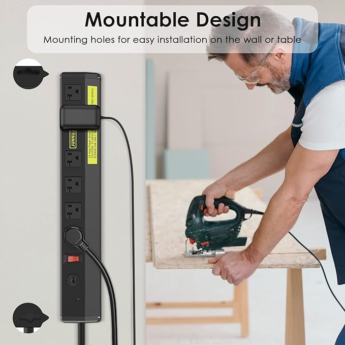 JUNNUJ Heavy Duty 20 Amp Power Strip 4800J, High Amp Surge Protector 6 Outlet - Image 4
