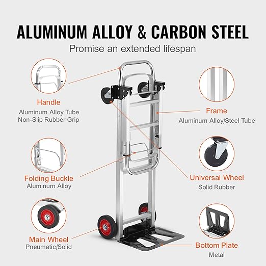 VEVOR Aluminum Folding Hand Truck, 2 in 1 Design 400 lbs Capacity, Heavy Duty - Image 5