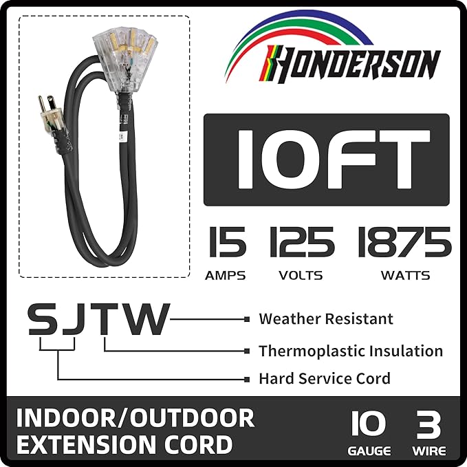 3-Outlets Indoor Outdoor Extension Cord Weatherproof - Image 2