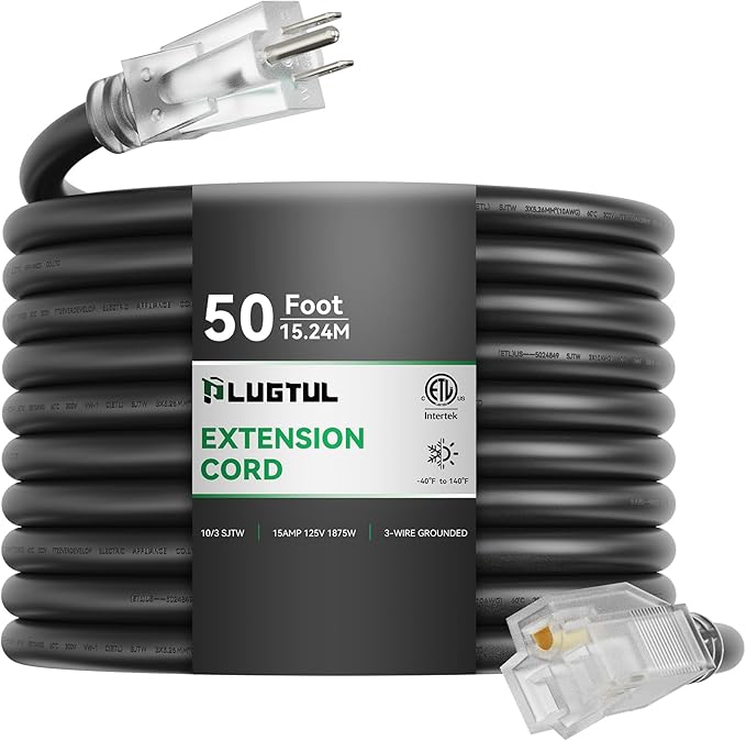 PLUGTUL 10 Gauge Extension Cord 50FT, Heavy Duty, 15A 1875W SJTW, ETL Listed by PLUGTUL