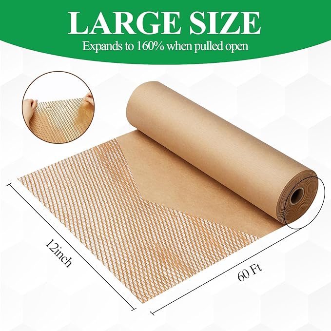 Honeycomb Packing Paper Wrap 12"x60' Recycled Bubble Cushioning Wrap Roll Eco - Image 2
