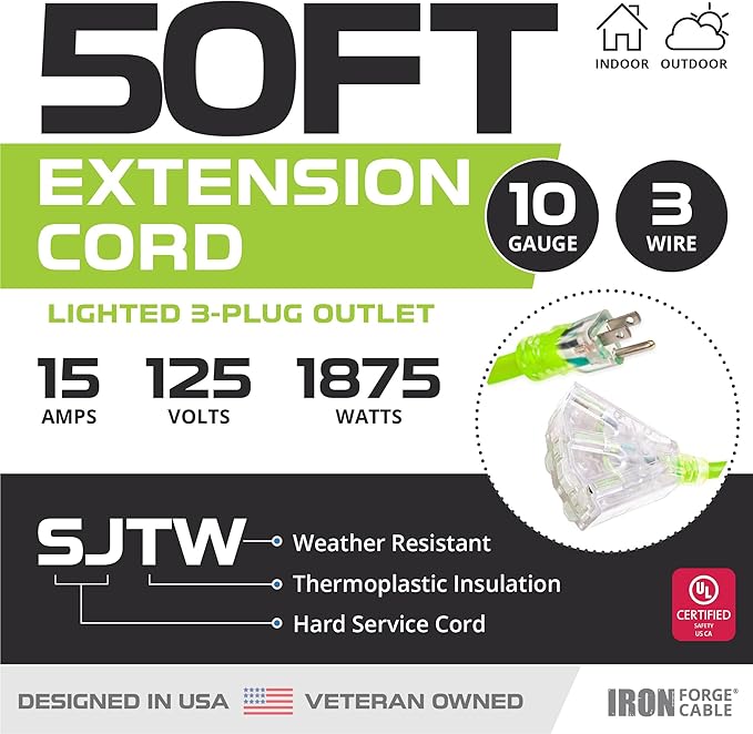 Iron Forge Cable 10 Gauge 50ft Lighted Outdoor Heavy Duty Extension Cord - 15 - Image 2