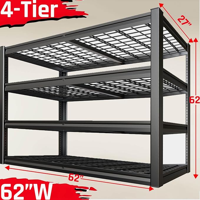 62" Wide Heavy Duty Garage Shelving Units, 4-Tier Deep Storage Shelves - Image 3