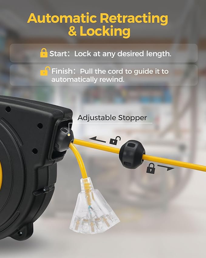 Retractable Extension Cord Reel, 50 FT Heavy Duty Power Cord, 14AWG/3C SJTOW - Image 3