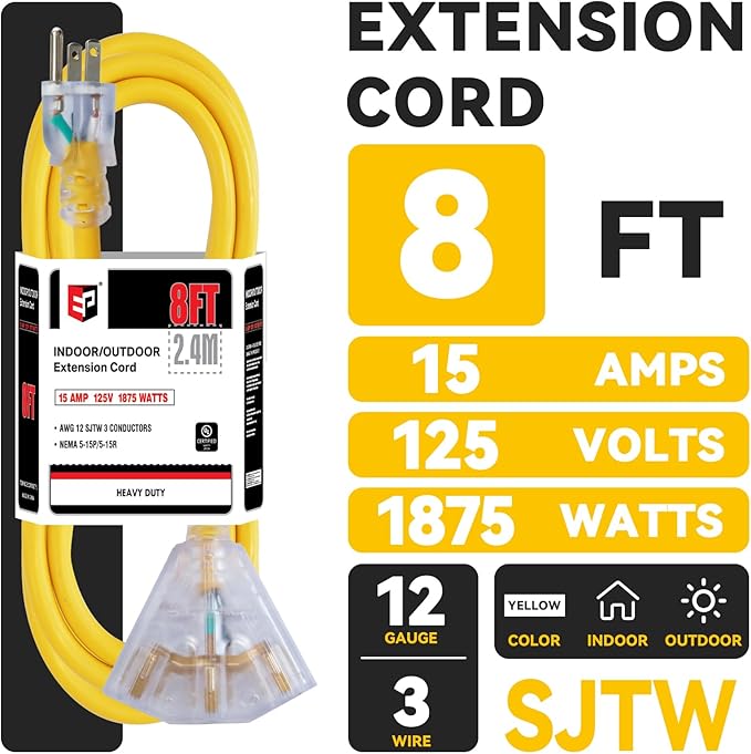 EP 8 Ft 12 Gauge Heavy Duty Extension Cord, 15A 125V 1875W, 3 Outlet - Image 2