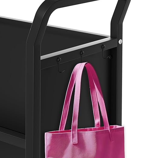 3-Tier Metal Rolling Book Cart, 4 Lockable Wheels & Side Hooks, V-Shaped Heavy - Image 5