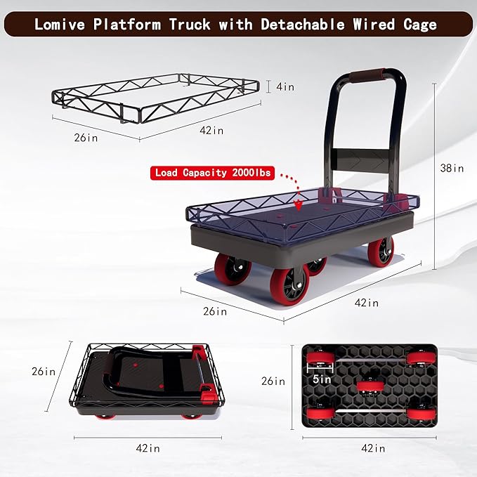 2IN1 Heavy Duty Platform Trucks Flatbed Carts, 42×26In 2000lbs Capacity Push - Image 3