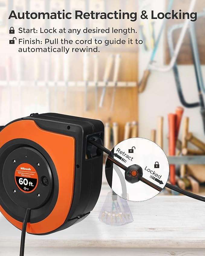 Retractable Cord Reel, 60 FT Heavy Duty Extension Cord, 12AWG/3C SJTOW - Image 3