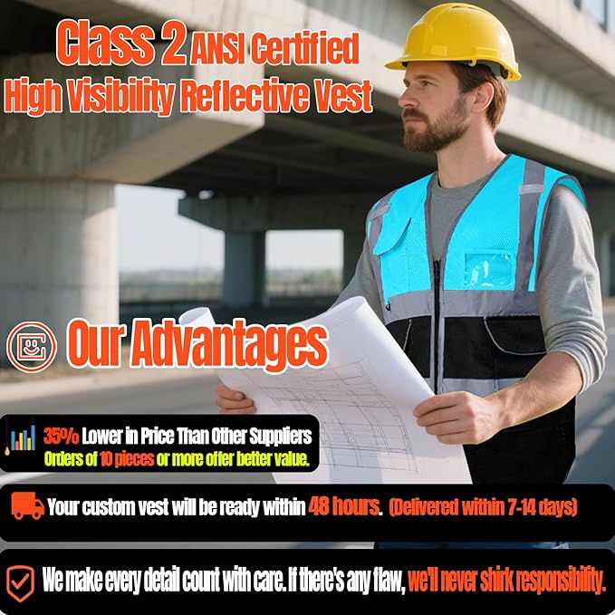BeautyWill 10/20 Pack Custom Logo Safety Vest, Bulk High Visibility Class 2 - Image 7