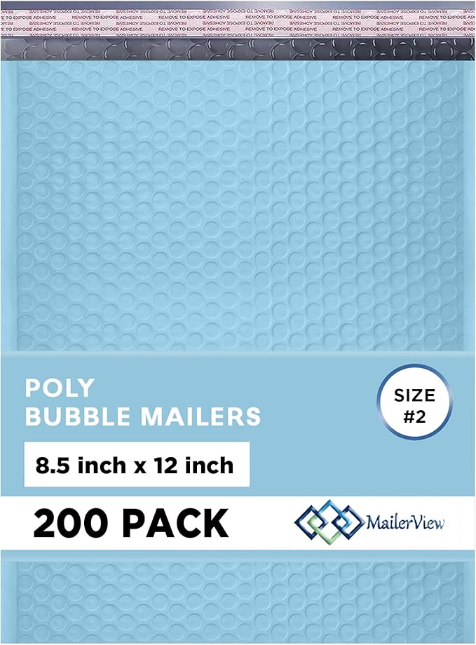 Light Blue Poly Bubble Mailers 8.5x12 inch #2 | Self Seal Padded Envelopes | by MAILERVIEW