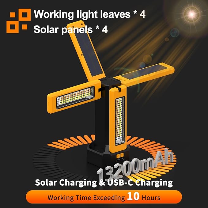 13200mAh Rechargeable Solar Work Light, IPX4 Waterproof - Image 3