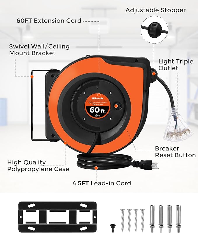Retractable Cord Reel, 60 FT Heavy Duty Extension Cord, 12AWG/3C SJTOW - Image 8