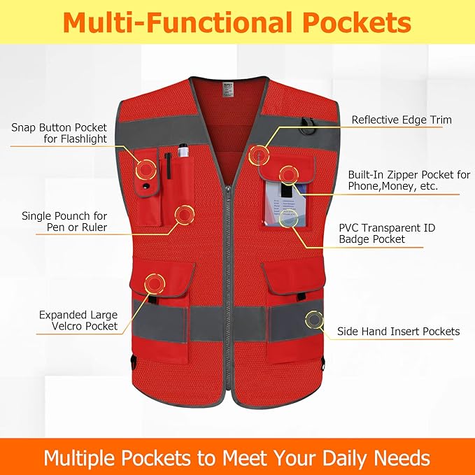 TCCFCCT Mesh Reflective Safety Vest 9 Pockets High Visibility Vest - Image 3