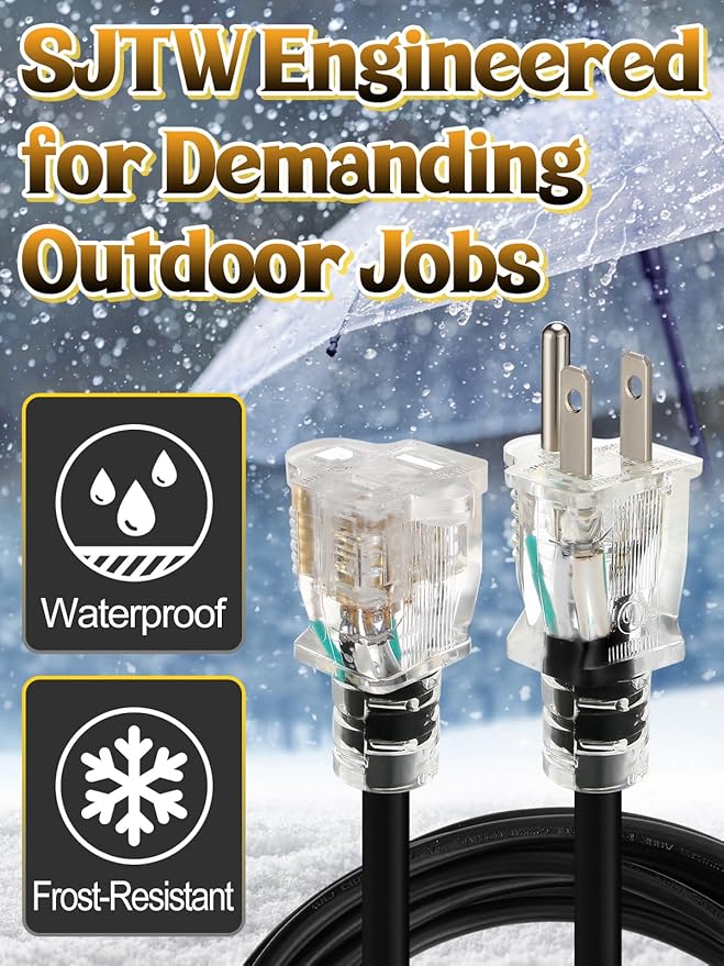 Lighted End Heavy Duty Outdoor Extension Cord Waterproof -16AWG, 3 Prong - Image 2