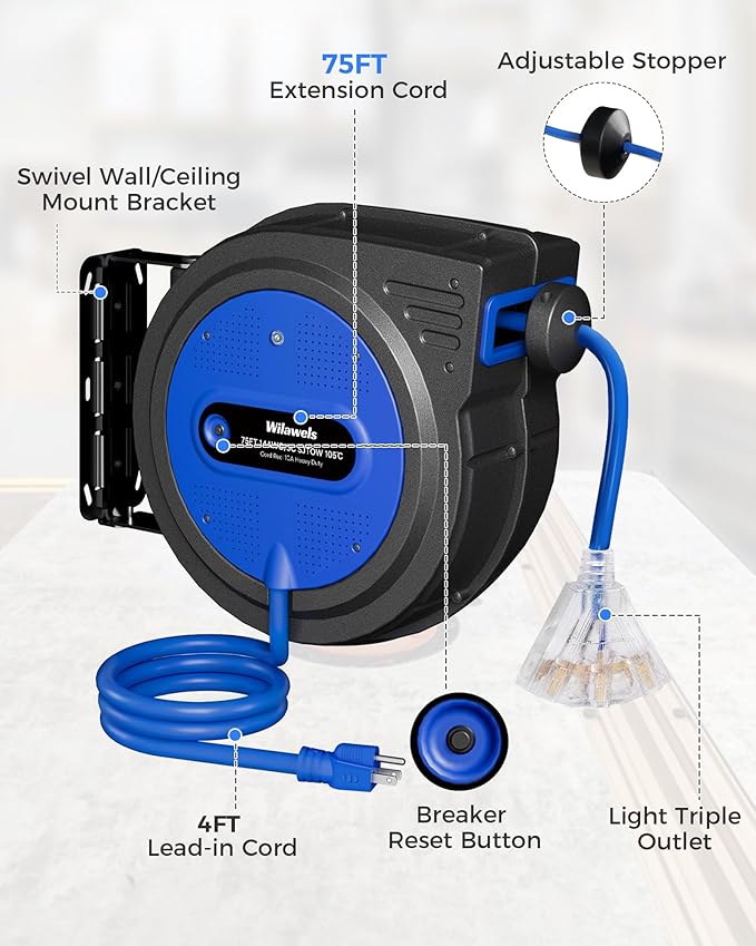 75 FT Retractable Extension Cord Reel, Heavy Duty Extension Cord, 14AWG/3C SJTOW - Image 7