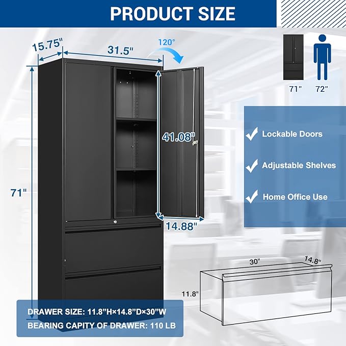 Metal Cabinets with Lockable Drawers and Doors Lateral File Cabinets Steel - Image 3