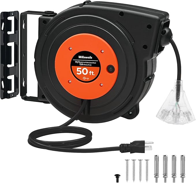 Retractable Extension Cord Reel, 50 FT Heavy Duty Power Cord, 14AWG/3C SJTOW by Wilawels