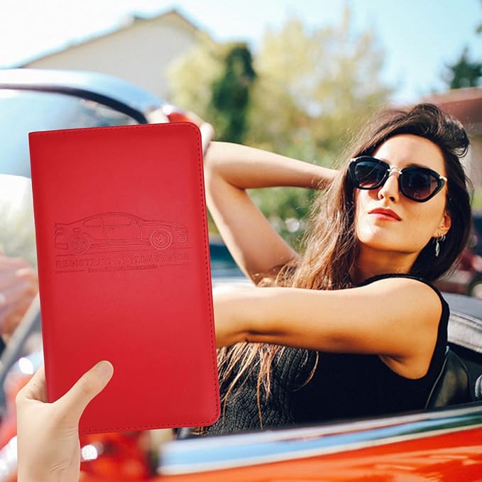 Car Registration and Insurance Card Holder, Leather License Document Red Glove - Image 3