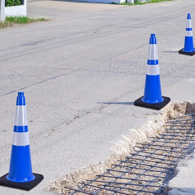 8 Pack 28 Inch Blue PVC Safety Cones Weighted Black Base, Warehouse Use - Image 6