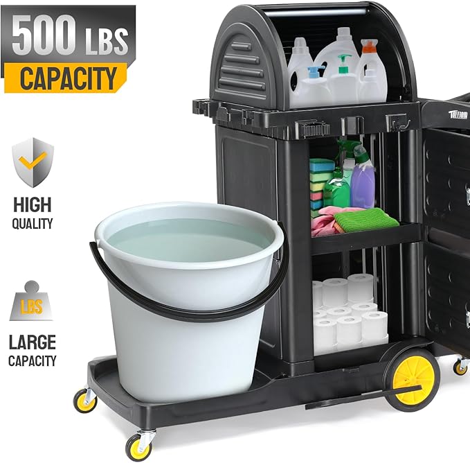TUFFIOM Janitorial Cart with Key-Locking Cabinet, 3-Shelf Commercial Cleaning - Image 7