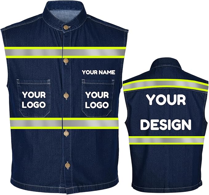 YOWESHOP Men's Reflective Safety Denim Vest，Custom Safety Outdoor Denim Work by YOWESHOP