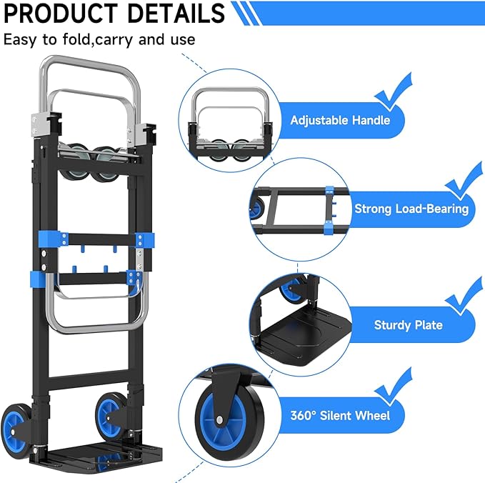 3-in-1 Heavy Duty Folding Hand Truck, 500LB Capacity Convertible Steel Dolly - Image 4