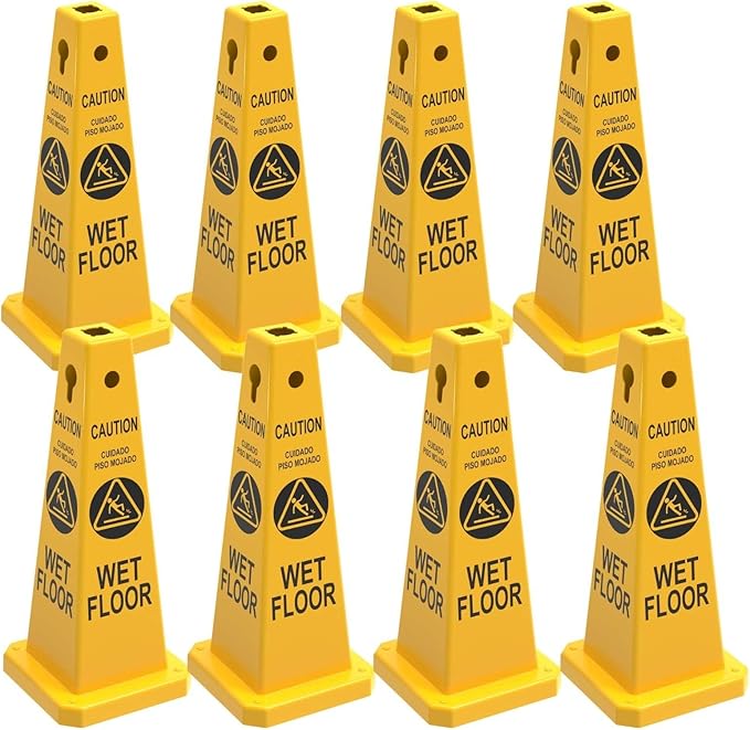 Caution Wet Floor Sign, 26.4-Inch Safety Cone, 8 Pack Yellow Plastic, by YOURSAFETYOURPRIORITY