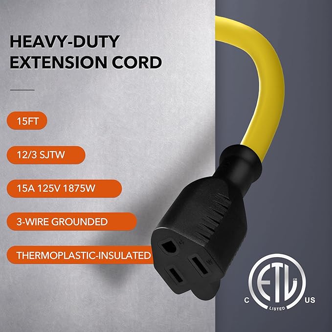 BN-LINK 15ft Outdoor Extension Cord, 12/3 SJTW Heavy Duty Power Cord, 3-Prong - Image 2