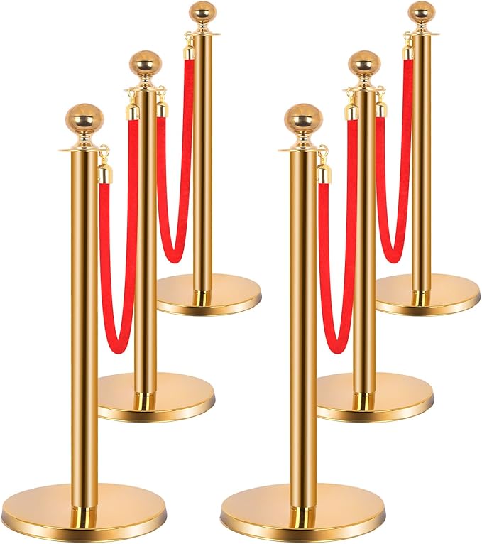 6PCS Stainless Steel Stanchions w/ 4 Red Velvet 5ft Carpet Ropes by Unknown