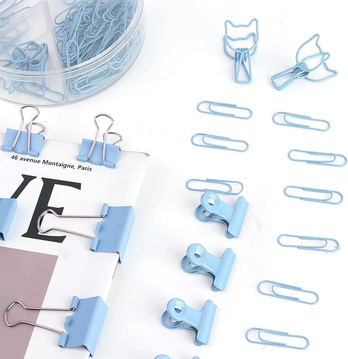 Blue Paper Clips and Binder Clips Set, Metal Assorted Sized Binders - Image 6