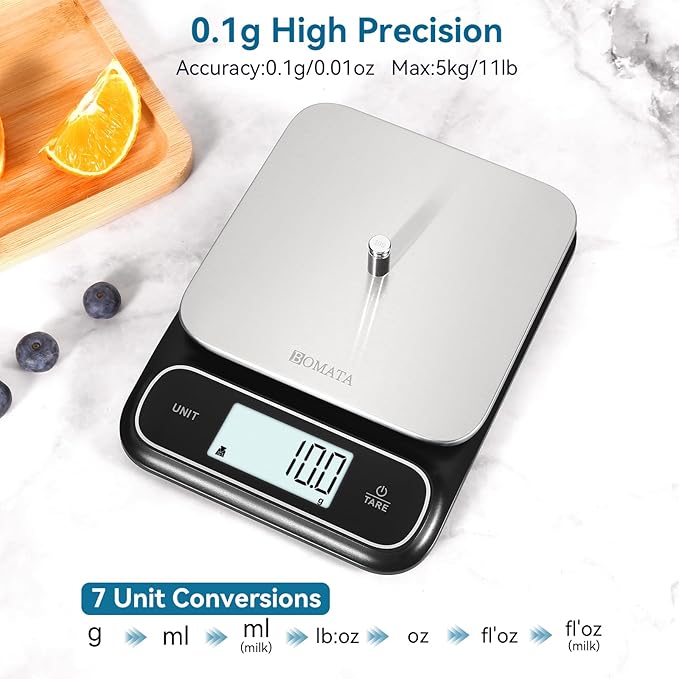 BOMATA Waterproof IPX6 Kitchen Scale, 0.1 g/0.01 oz High Precision, 5 kg/11 lbs - Image 2
