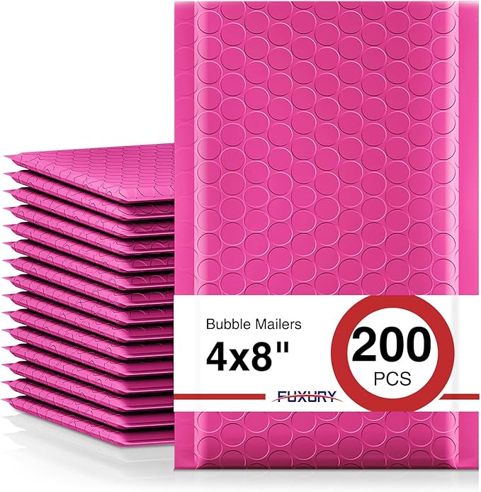 Fuxury Pink Bubble Mailers 4x8" 200 Pack Usable Size 4x7" Waterproof Padded by Fuxury