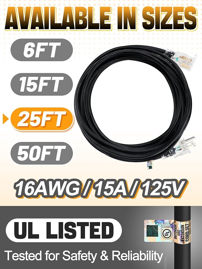 Lighted End Heavy Duty Outdoor Extension Cord Waterproof -16AWG, 3 Prong - Image 5