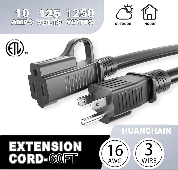 HUANCHAIN Indoor Outdoor Black Extension Cord 60 ft Waterproof, 16/3 Gauge - Image 8