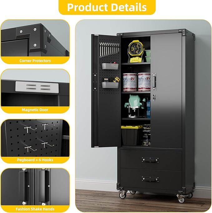 Garage Storage Cabinet with 2 Drawers and Pegboard, Metal Storage Cabinet with - Image 9