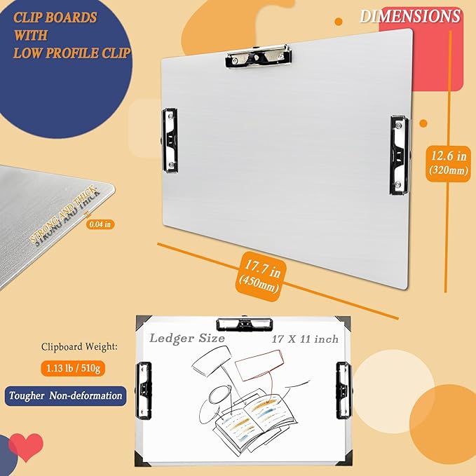 Three Clip Aluminum 11x17 Clipboard Metal Stainless Hangable Clipboards Art Pen - Image 6
